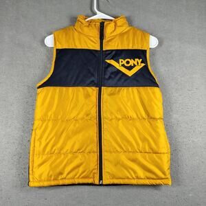 VTG Pony Kids Sz 10 Yellow Navy Vest Puffer Jacket Logo Athletic Streetwear EUC